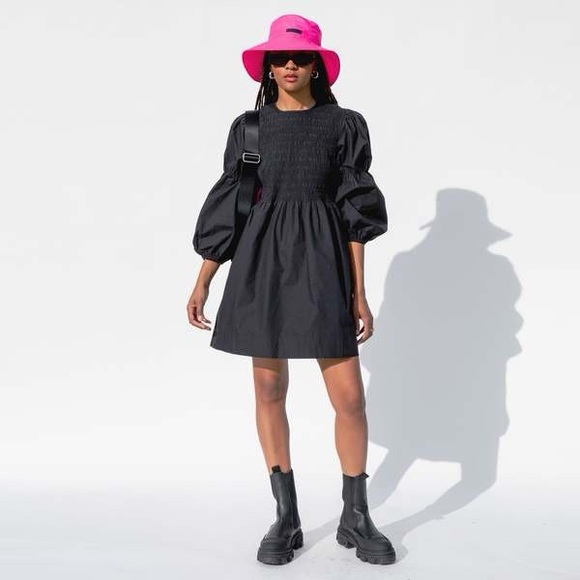 GANNI Black Cotton Poplin Mini Smock Dress IT36 - Picture 2 of 7
